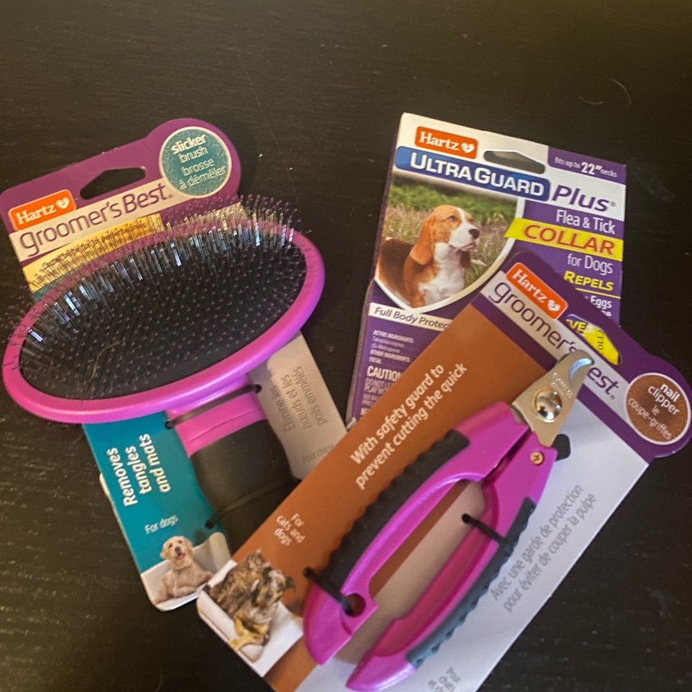 Groomer's Best Pink Pet Slicker Brush & Nail Clipper Set and flea collar bundle